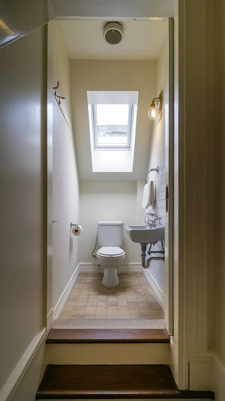 Maximize space with this cleverly designed guest bathroom under stairs; small bathroom ideas under stairs don't get much better than this half bath under staircase.