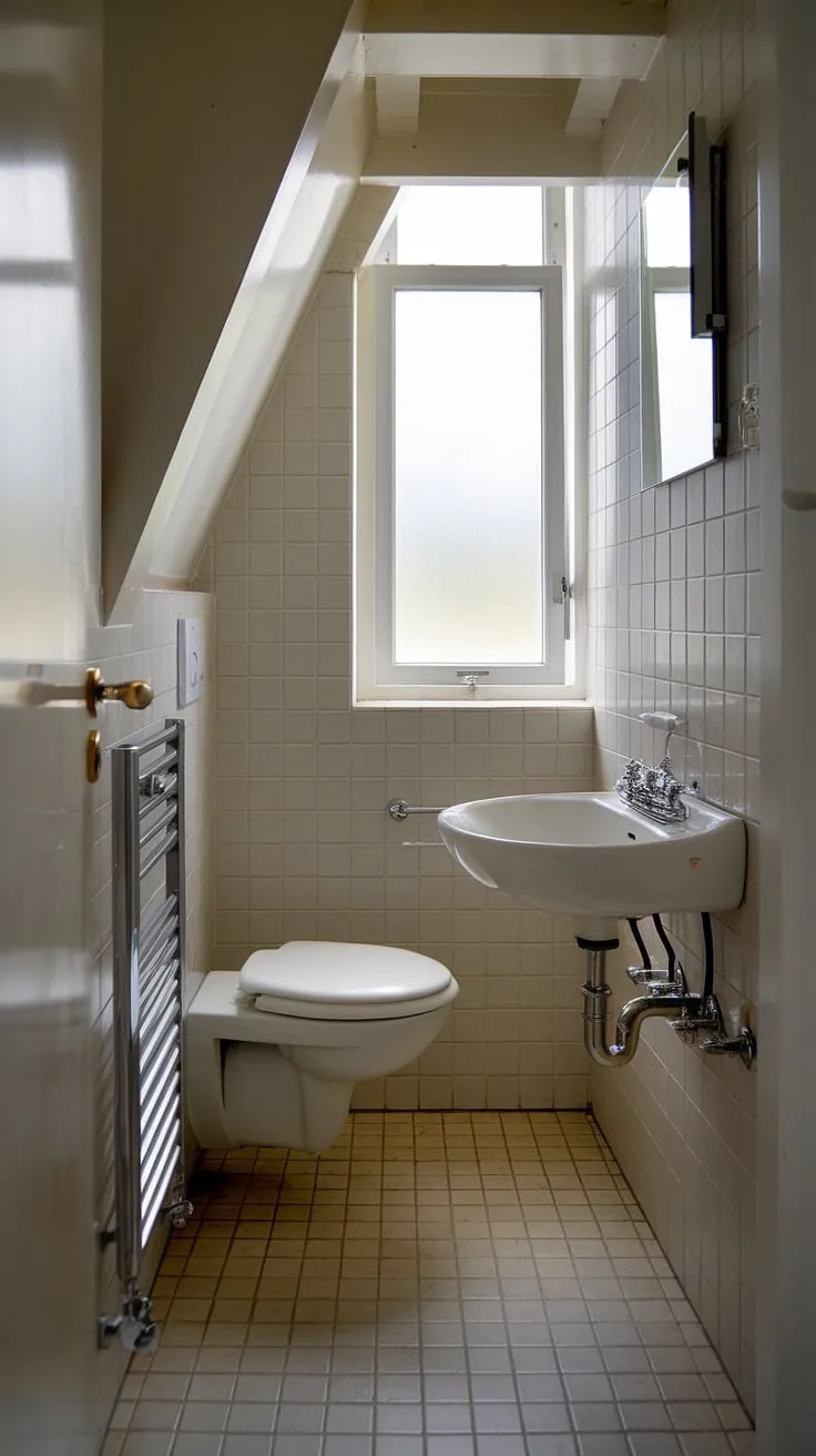 A charming understairs bathroom idea, this restroom under stairs is a perfect example of how to create a functional half bath under staircase. The white color palette brightens the small bathroom under stairs, while the frosted glass window provides privacy. This compact space showcases smart design for small bathroom ideas under stairs, transforming a wasted area into a practical and stylish wc under stairs.