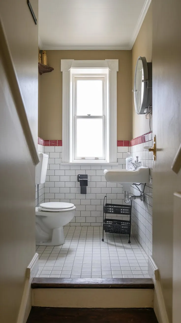 This cleverly designed guest bathroom under stairs maximizes space with a compact layout featuring a toilet, sink, and small window. The beige walls and tiled floor create a clean, understated aesthetic, perfect for showcasing small bathroom ideas under stairs. This understairs bathroom idea proves that even a half bath under staircase can be both functional and stylish. The wc under stairs is surprisingly spacious and efficient.