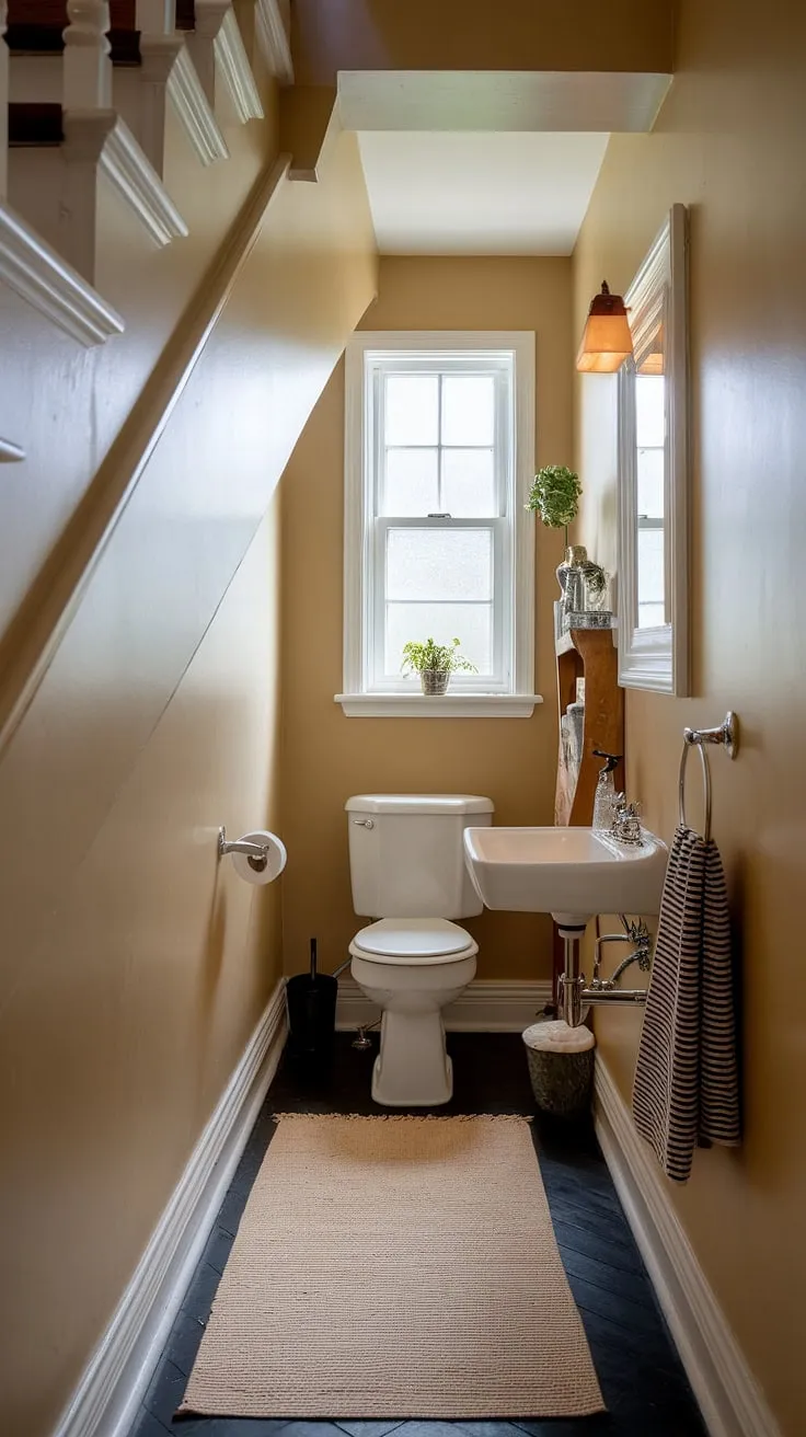 Cozy and functional, this guest bathroom under stairs maximizes space with clever design. Small bathroom ideas under stairs don't have to compromise on style.