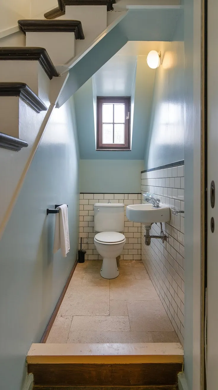 Efficient use of space is key in this restroom under stairs. The light blue paint and simple design make this small bathroom under stairs feel surprisingly spacious. A towel rack and small window add practical touches to this understairs bathroom idea, showcasing how a half bath under staircase can be both practical and aesthetically pleasing. This is a perfect example of a wc under stairs solution.