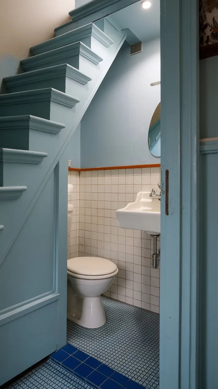 This charming restroom under stairs proves that even the smallest spaces can be stylish. This bathroom under stairs is a perfect example of small bathroom ideas under stairs, transforming a forgotten nook into a delightful half bath under staircase. The light blue paint and checkered floor add personality to this wc under stairs.