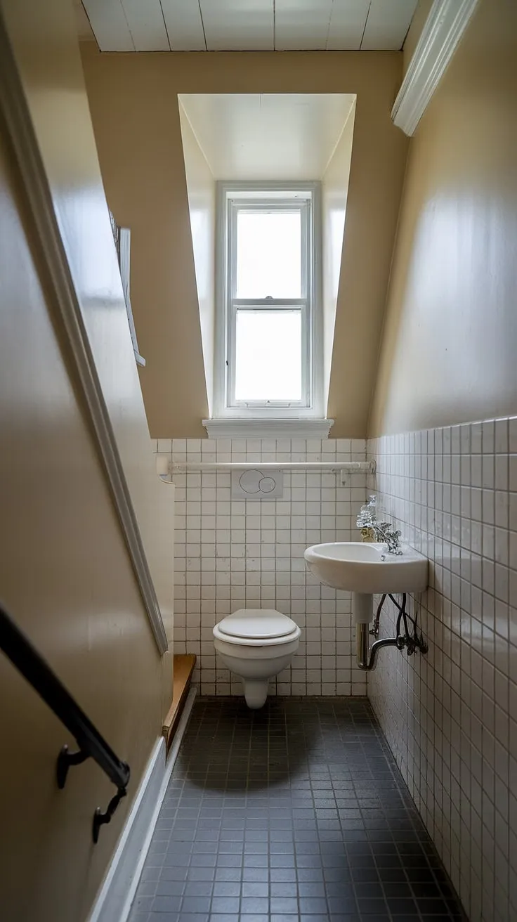 A charming understairs bathroom idea is showcased in this image, transforming a typically unused space into a practical restroom under stairs. This small bathroom under stairs is perfect for guests, offering a complete half bath under staircase with a toilet and sink. The high-placed window adds an unexpected touch of light and air to this efficient wc under stairs design. Consider this a prime example of small bathroom ideas under stairs.