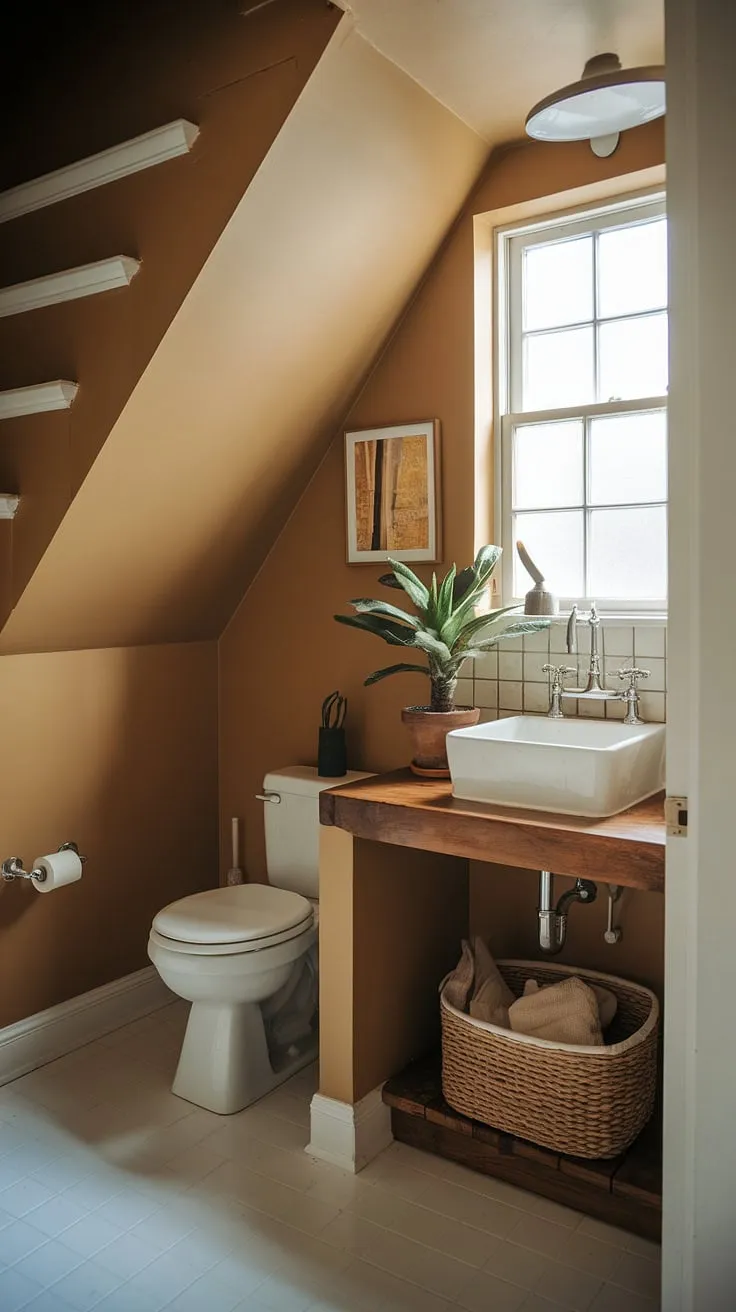 Cozy and functional, this guest bathroom under stairs maximizes space with a charming wooden vanity, a potted plant adding a touch of life, and a small window letting in natural light. This understairs bathroom idea proves that even a half bath under staircase can be stylish and practical. Small bathroom ideas under stairs don't get much better than this wc under stairs solution.