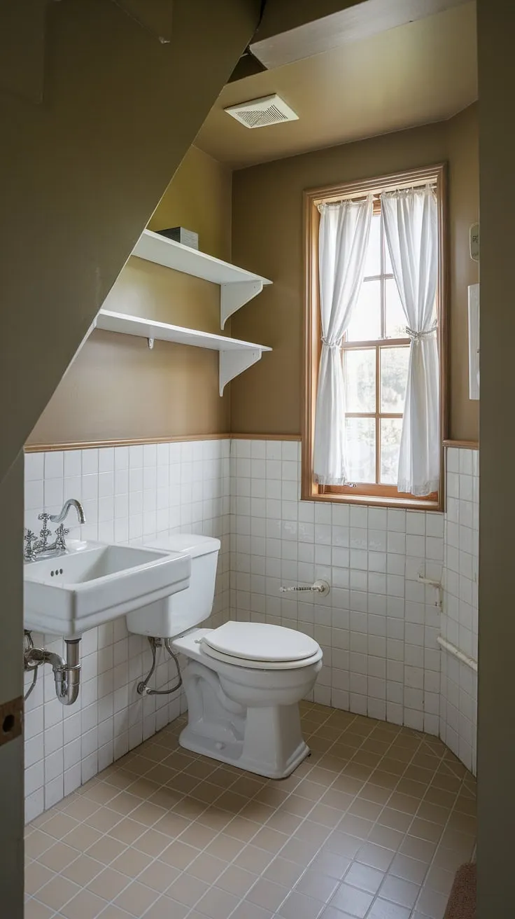 A cozy and efficient restroom under stairs, this guest bathroom under stairs showcases how to make the most of a small space. The beige walls and tiled floor create a calming atmosphere, while the window with white curtains adds a touch of elegance. This understairs bathroom idea is a testament to how a wc under stairs can be both practical and aesthetically pleasing. Perfect for small bathroom ideas under stairs, this design offers inspiration for anyone looking to add a bathroom under stairs.