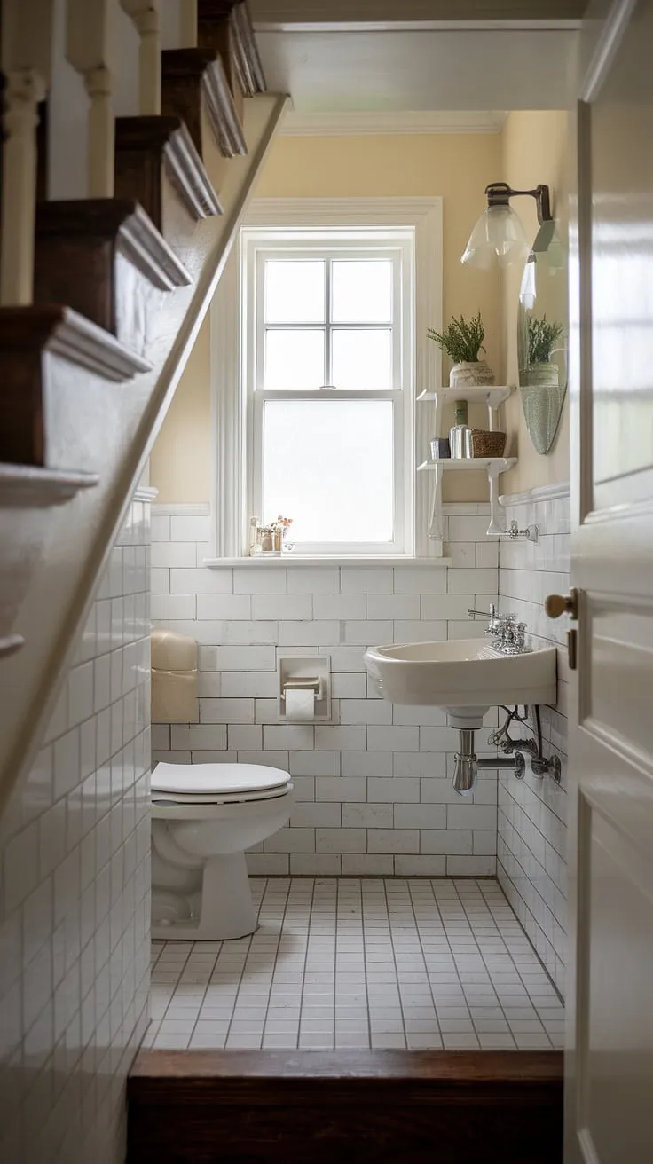 Maximize space with this charming guest bathroom under stairs; small bathroom ideas under stairs don't have to compromise on style. A perfect understairs bathroom idea, this half bath under staircase proves that even a wc under stairs can be elegant.