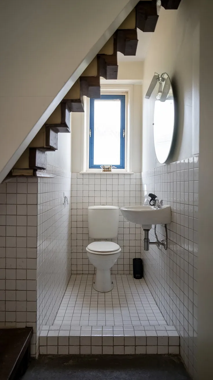 A charming restroom under stairs, this half bath under staircase offers a surprising amount of functionality. The white-tiled floor and walls create a bright and airy feel in this small bathroom under stairs, making it a perfect guest bathroom under stairs. The small window adds a touch of elegance to this understairs bathroom idea, proving that even a wc under stairs can be delightful.