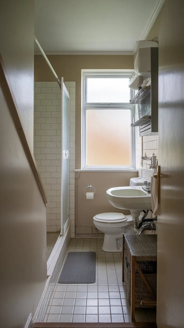 This cleverly designed guest bathroom under stairs maximizes space with a compact shower, toilet, and sink. The frosted window adds privacy, while the beige walls and tiled floor create a clean and calming atmosphere. Small bathroom ideas under stairs like this prove that even the most unusual spaces can be transformed into functional and stylish half baths under staircase. This understairs bathroom idea is a perfect example of how to utilize often-wasted space. A wc under stairs solution, this restroom under stairs is both practical and aesthetically pleasing.