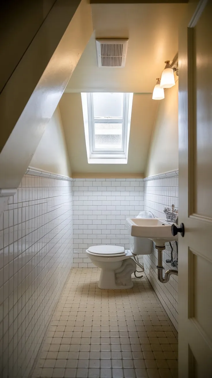 Transforming unused space into a practical restroom under stairs, this half bath under staircase is a testament to efficient design. The simple yet effective use of light-colored tiles and a strategically placed window makes this small bathroom under stairs feel surprisingly spacious. Consider this a perfect understairs bathroom idea for maximizing your home's potential, showcasing how a wc under stairs can be both functional and aesthetically pleasing. This is a prime example of small bathroom ideas under stairs.