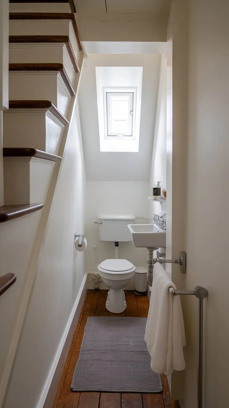 This cleverly designed guest bathroom under stairs maximizes space with its minimalist white aesthetic. The small bathroom ideas under stairs are evident in the efficient use of the area, creating a surprisingly functional half bath under staircase. A small window provides natural light, and the gray rug adds a touch of warmth to this wc under stairs.