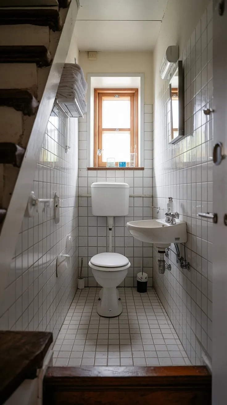 Cozy and functional, this guest bathroom under stairs maximizes space. Small bathroom ideas under stairs don't have to compromise on style. This half bath under staircase proves it.