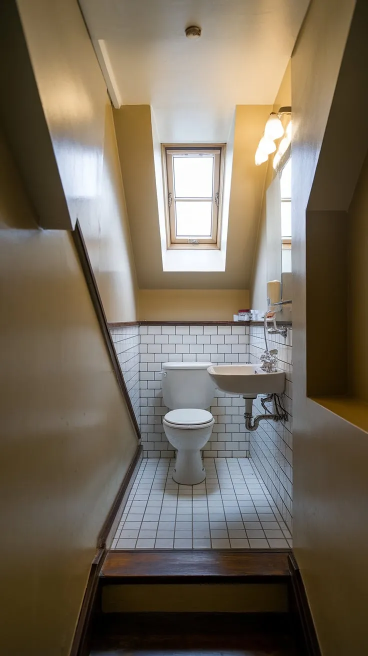 Maximize your space with this understairs bathroom idea. This compact restroom under stairs proves that even a small bathroom under stairs can be stylish and functional. The bright lighting and neutral color palette enhance the feeling of spaciousness in this half bath under staircase, featuring a toilet and sink with towel rack. A perfect solution for a wc under stairs.