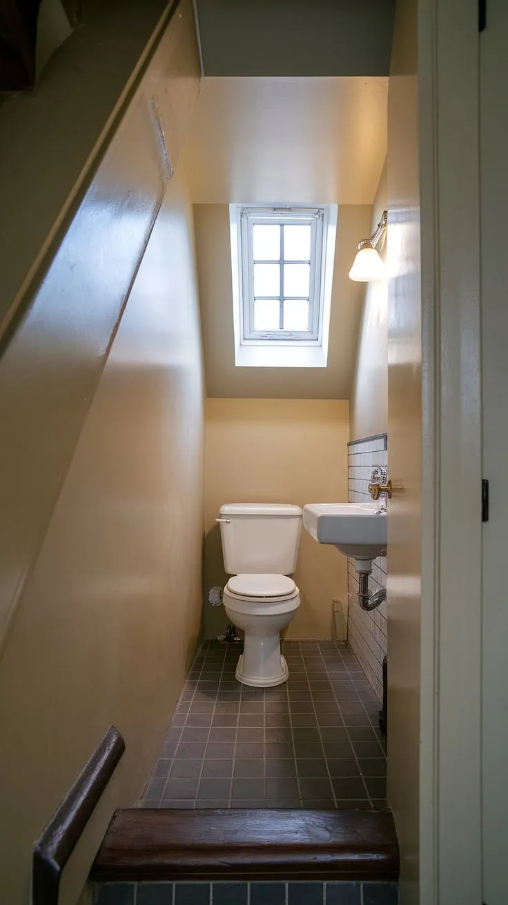 Maximize your home's potential with this understairs bathroom idea. This restroom under stairs is a perfect example of how to create a practical and charming half bath under staircase, even in a small space. Small bathroom ideas under stairs don't have to compromise on style – this wc under stairs is proof!