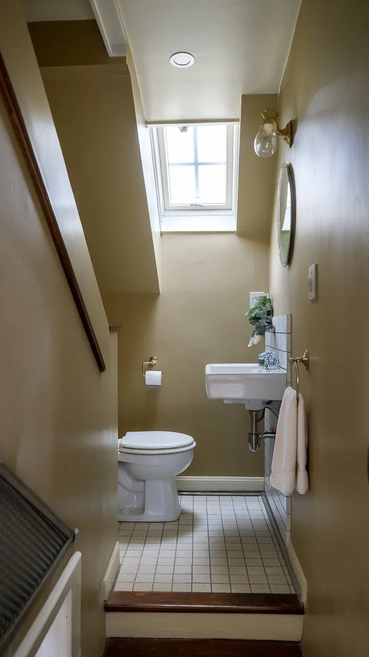 This understairs bathroom idea proves that even a restroom under stairs can be stylish and functional. See how this small bathroom under stairs maximizes every inch, offering a surprisingly complete half bath under staircase.