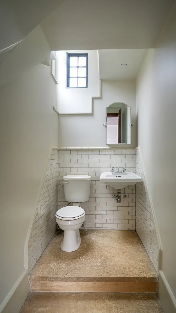 Maximize your space with this clever understairs bathroom idea. This guest bathroom under stairs, a half bath under staircase, proves that even a small bathroom ideas under stairs can be stylish and functional. The wc under stairs is surprisingly spacious, featuring a white toilet and sink with a high window letting in natural light. The beige tile flooring complements the crisp white walls.