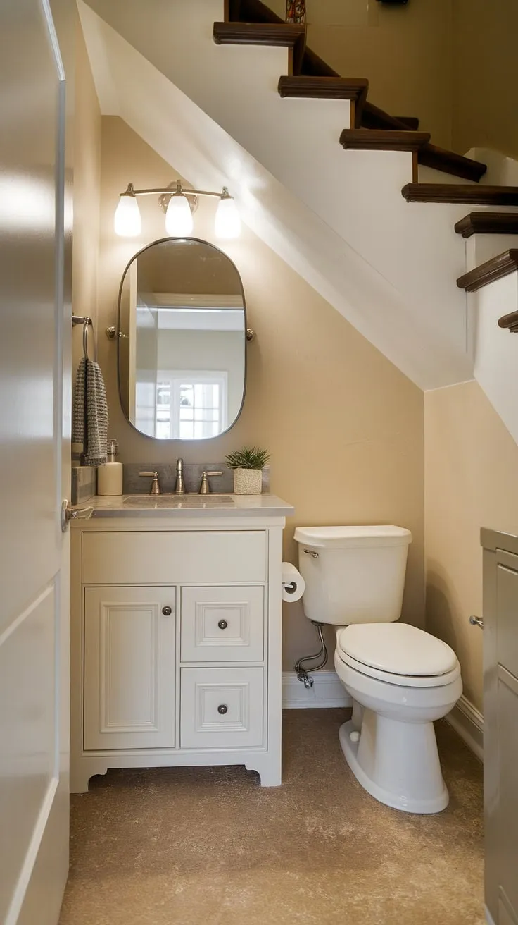 Maximize space with this charming guest bathroom under stairs; small bathroom ideas under stairs don't have to compromise on style. A perfect understairs bathroom idea, this half bath under staircase proves that even a wc under stairs can be elegant.