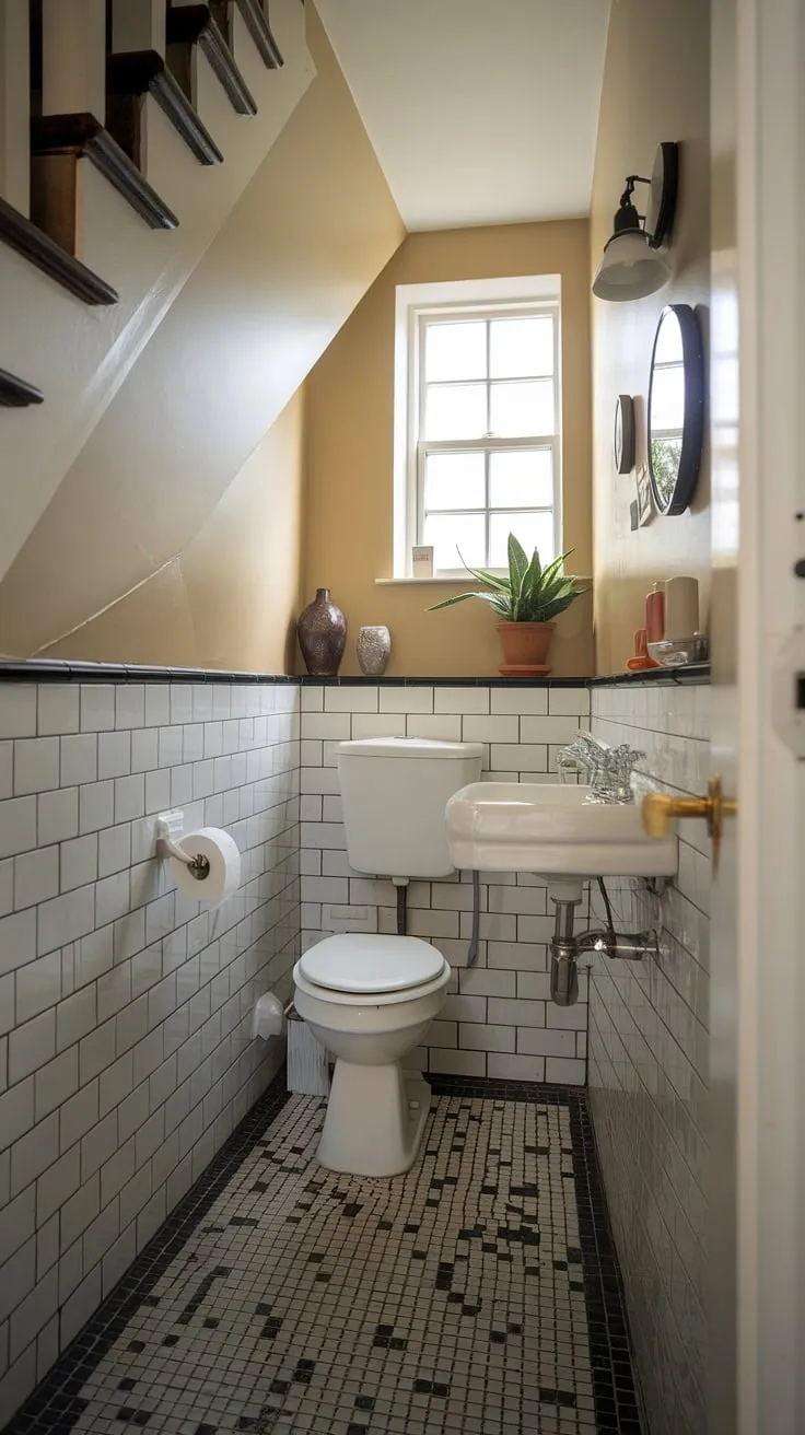 Maximize your space with this charming restroom under stairs. This bathroom under stairs is a brilliant small bathroom ideas under stairs solution, proving that a half bath under staircase doesn't have to compromise on style.