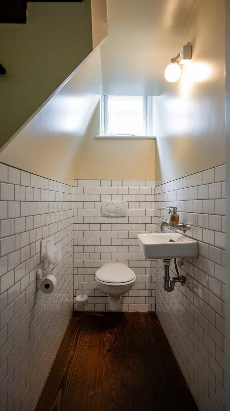 Maximize space and style with this charming guest bathroom under stairs; small bathroom ideas under stairs don't get much better than this half bath under staircase. A wc under stairs never looked so chic.