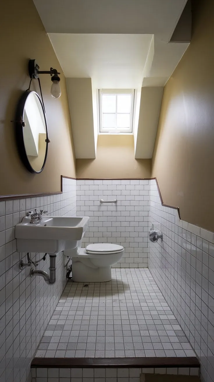 This charming restroom under stairs showcases how to create a beautiful and practical half bath under staircase. The beige walls and white fixtures make the small bathroom under stairs feel spacious and inviting. Clever use of space makes this understairs bathroom idea a winner, proving that even a wc under stairs can be elegant and efficient. Explore these small bathroom ideas under stairs for inspiration in your own home.