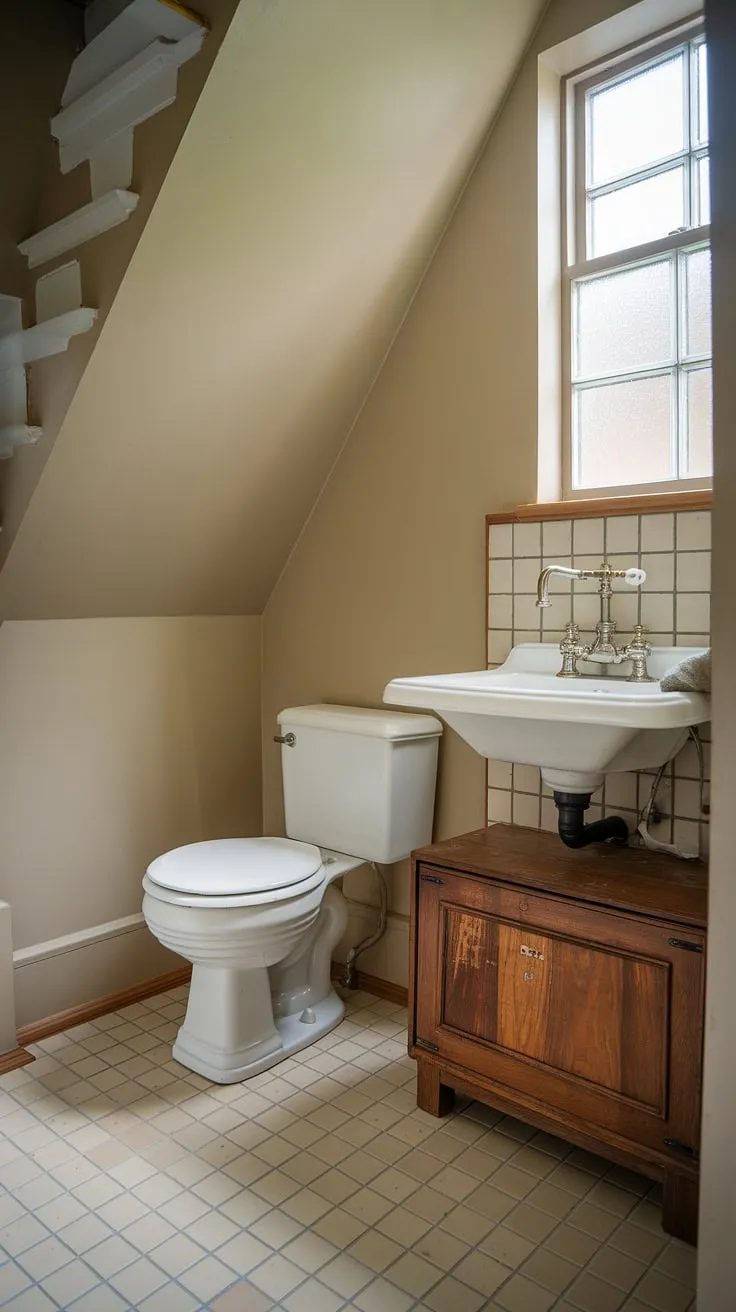 Transforming unused space into a charming wc under stairs. This understairs bathroom idea proves that even a small bathroom under stairs can be stylish and practical.