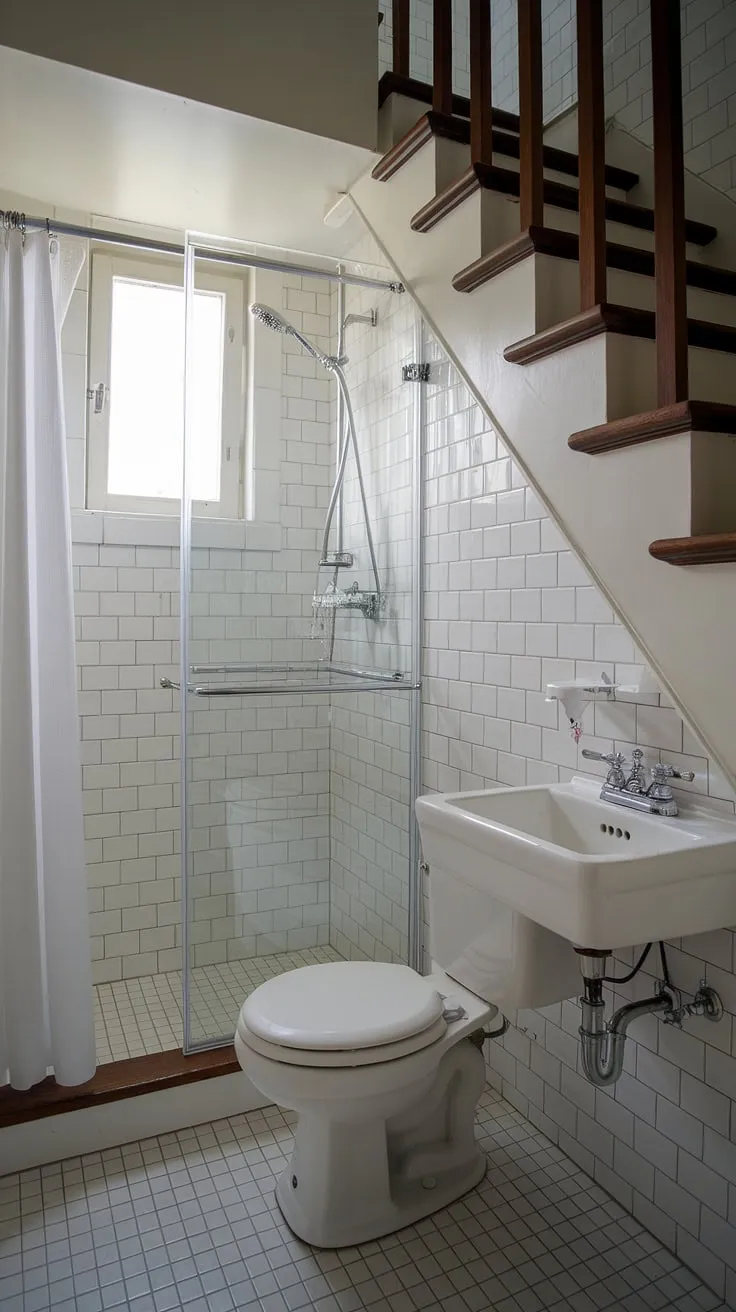 This understairs bathroom idea proves that even a restroom under stairs can be stylish and functional. A perfect small bathroom ideas under stairs example, this half bath under staircase is a clever use of space.