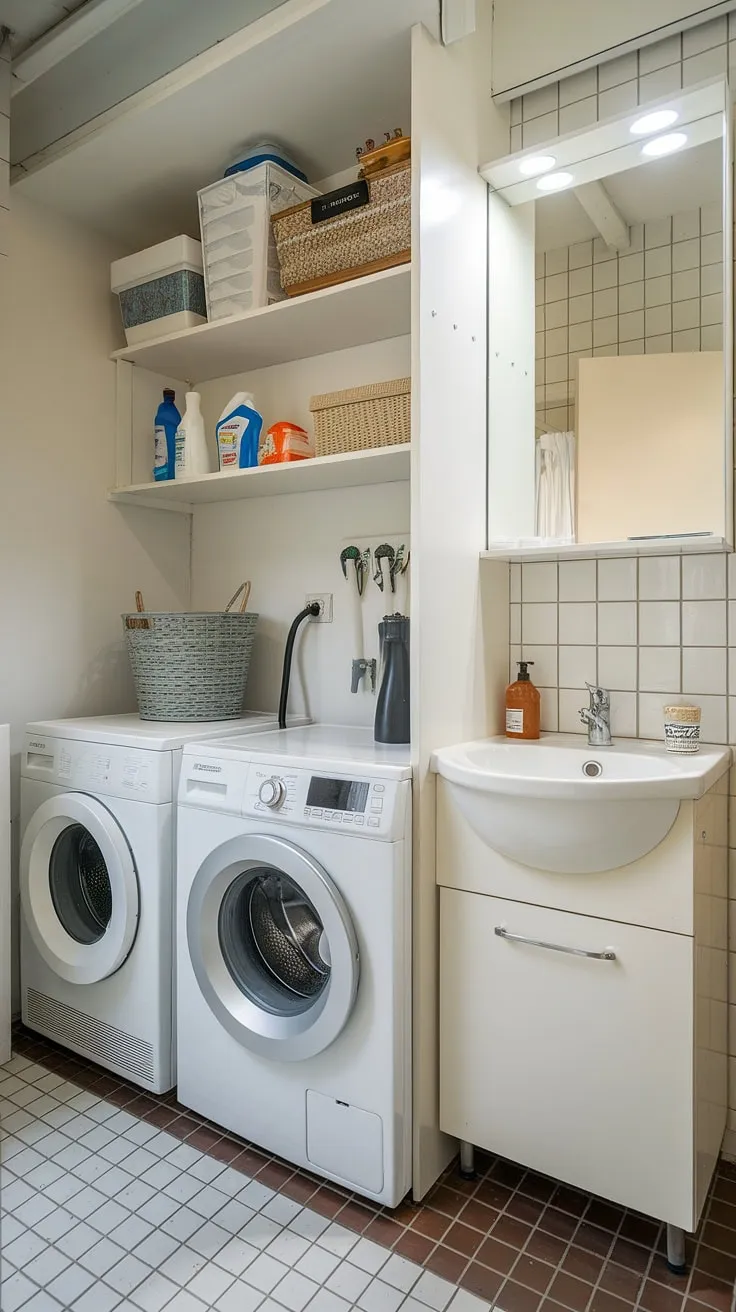This cleverly designed bathroom utility room combo maximizes space with a stacked washer and dryer, a compact sink and mirror, and smart shelving for cleaning supplies. The small laundry room organization is a testament to efficient design, proving that even a laundry closet can be both functional and stylish. A successful laundry room remodel in a small space.