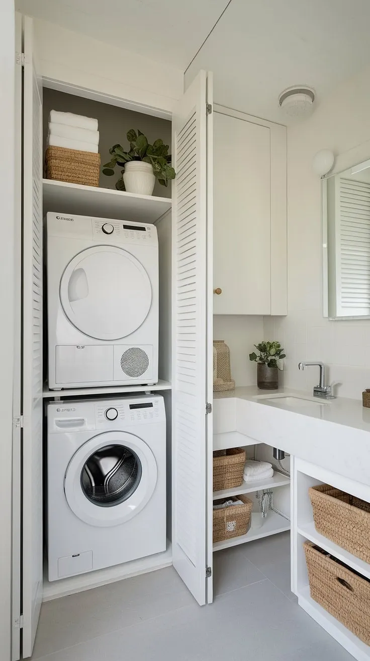 This laundry room bathroom combination proves that even small laundry rooms can be stylish and functional. The clever use of space, including a dedicated laundry closet, makes this laundry bathroom combo a dream. The light and airy aesthetic is the perfect result of a thoughtful laundry room remodel, showcasing excellent small laundry room organization.