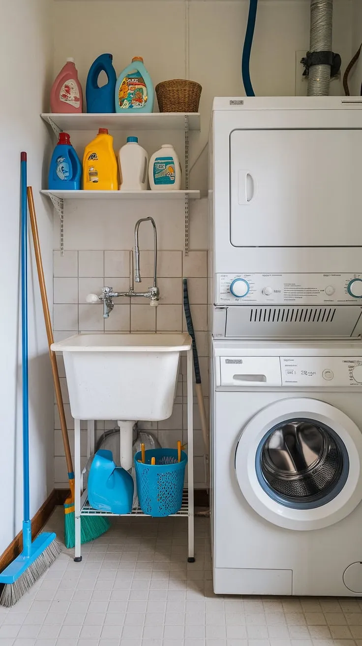 Maximize space and efficiency with this cleverly designed bathroom utility room combo. Small laundry room organization at its finest.