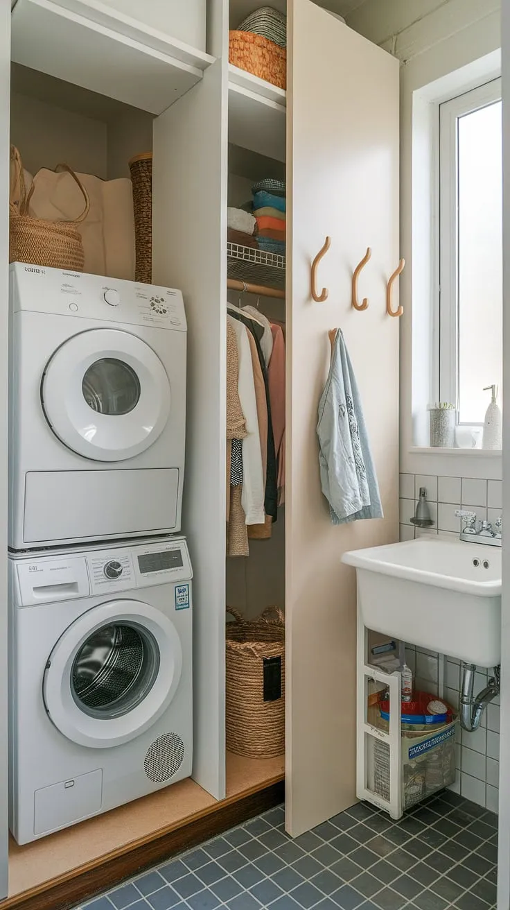 This cleverly designed bathroom utility room combo maximizes space with a compact washer and dryer, a convenient sink, and a dedicated laundry closet for small laundry room organization. The tiled floor and small window add brightness to this efficient laundry room bathroom, showcasing a successful laundry room remodel.