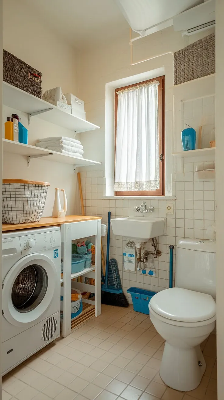 This small laundry room organization maximizes space in this laundry bathroom combo. The efficient layout cleverly combines laundry and bathroom functions, showcasing a successful laundry room remodel within a compact utility bathroom. White walls and beige tile flooring create a bright and clean aesthetic, while shelves provide ample storage in this laundry closet. A window with a curtain adds natural light to this functional laundry room.