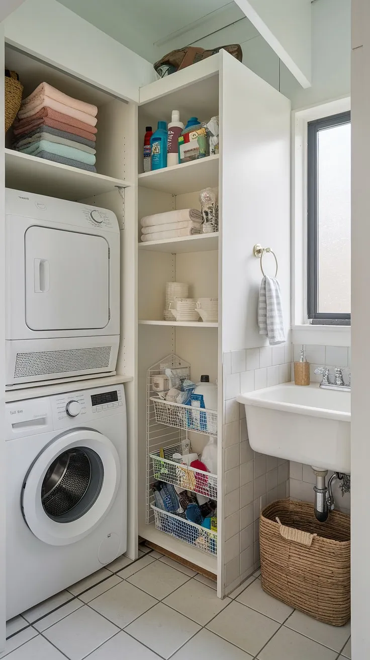 A peek inside this stunning laundry bathroom combo! This small laundry room organization is a masterclass in efficiency. The laundry room closet cleverly stores cleaning supplies, while the added sink and countertop transform this utility bathroom into a multi-functional space. The result? A beautifully remodeled laundry room that proves big things can come in small packages, even in small laundry rooms.