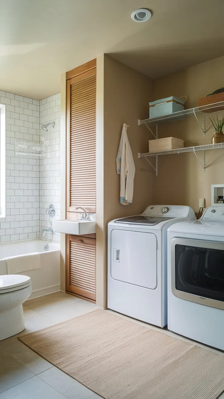 This compact bathroom utility room combo cleverly maximizes space. The laundry room, complete with washer, dryer, and a laundry room closet, seamlessly integrates with the small bathroom featuring a bathtub, sink, and toilet. Small laundry room organization is key here, showcasing how a laundry room remodel can create a functional and surprisingly spacious laundry room bathroom.