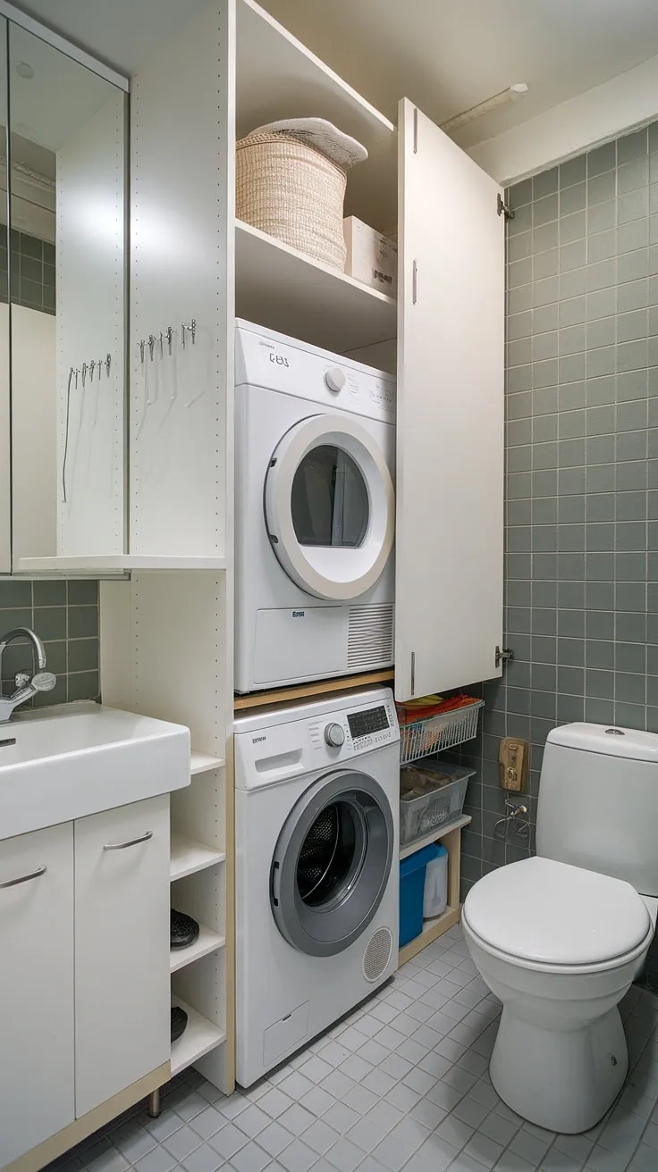 This laundry bathroom combo proves that even small laundry rooms can be stylish and functional. A laundry room remodel dream come true, featuring a laundry room closet and ample storage.