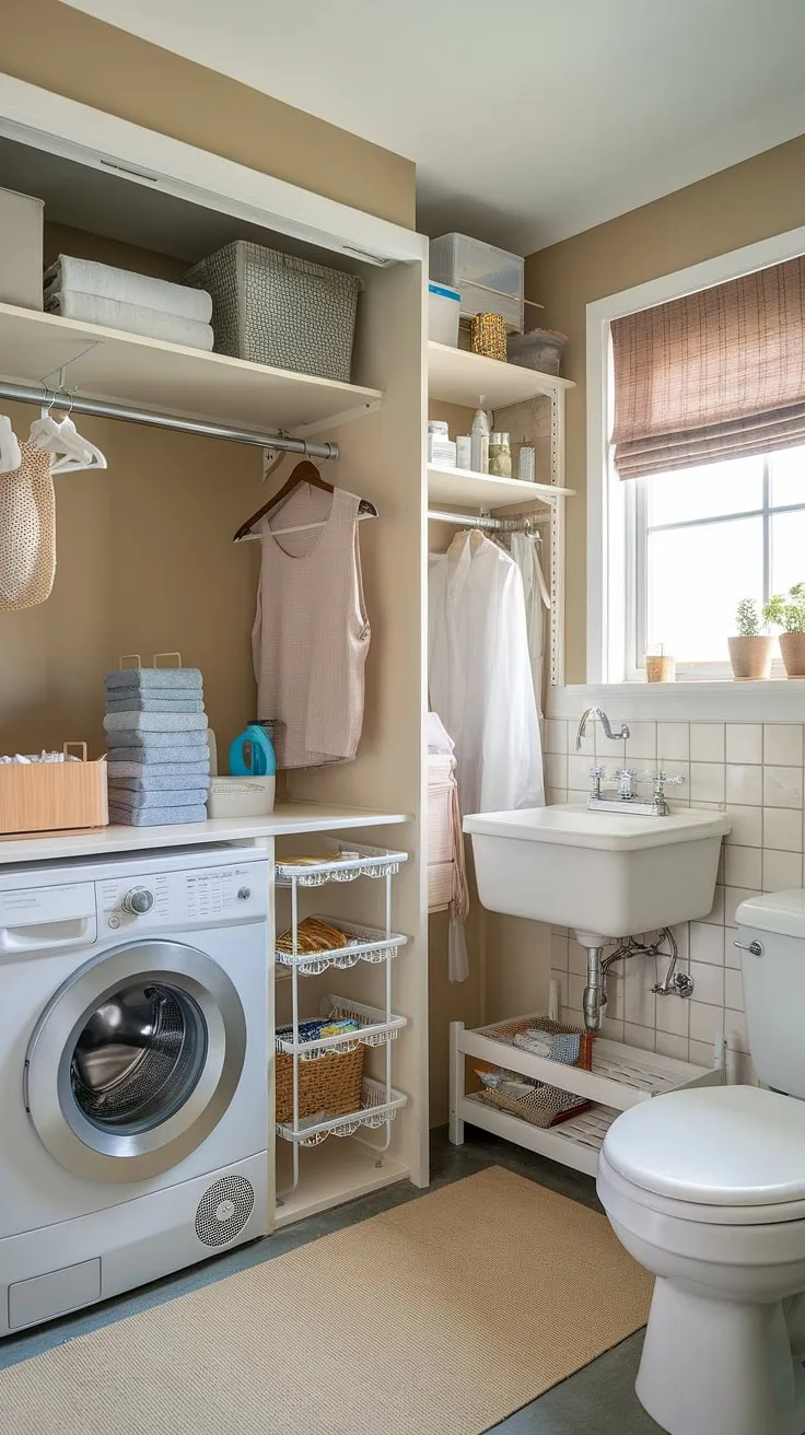 This small laundry room organization maximizes space in this clever laundry bathroom combo. The laundry room closet provides ample storage for cleaning supplies and detergents, while the integrated utility bathroom keeps everything conveniently located. A successful laundry room remodel, this space proves that even small laundry rooms can be functional and stylish.