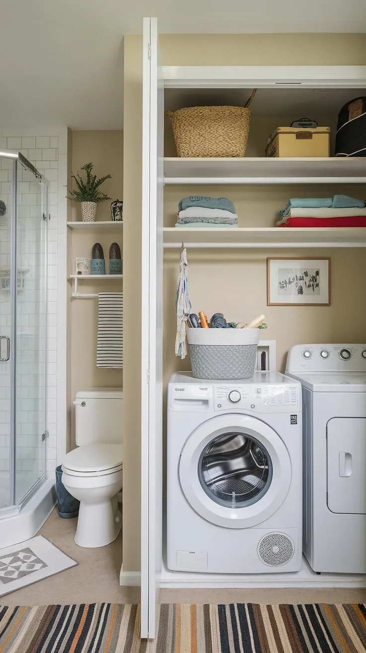 Efficient design in this laundry room bathroom! This laundry bathroom combo cleverly combines a functional laundry room with a shower and toilet, showcasing smart small laundry room organization. The laundry room closet provides ample storage, and the overall aesthetic is a testament to a well-executed laundry room remodel in a limited space. A perfect example of maximizing a utility bathroom.