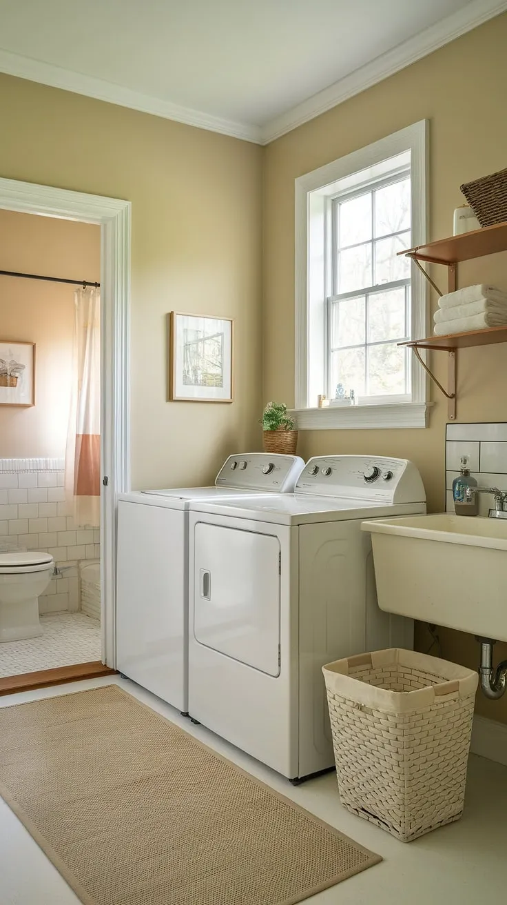 This small laundry room organization maximizes space in this laundry bathroom combo. The beige walls and rug create a calming atmosphere, while the efficient layout of the washer, dryer, laundry sink, and shelf above showcases smart design in a laundry room remodel. A door leads to the adjacent utility bathroom, completing this functional laundry room closet.