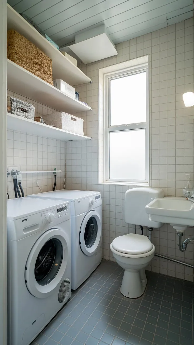 This laundry bathroom combo proves that even small laundry rooms can be stylish and practical. A successful laundry room remodel showcasing smart storage solutions in this compact utility bathroom.