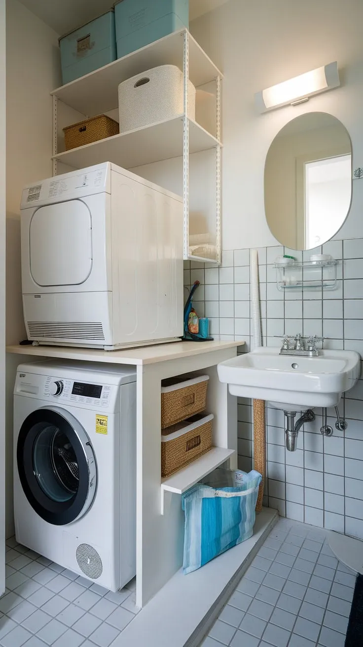This cleverly designed bathroom utility room combo maximizes space with a stacked washer and dryer, a compact sink, and mirrored storage above. A testament to small laundry room organization, this laundry room closet proves that even the smallest laundry rooms can be functional and stylish. A successful laundry room remodel, this space showcases efficient use of a laundry room bathroom.
