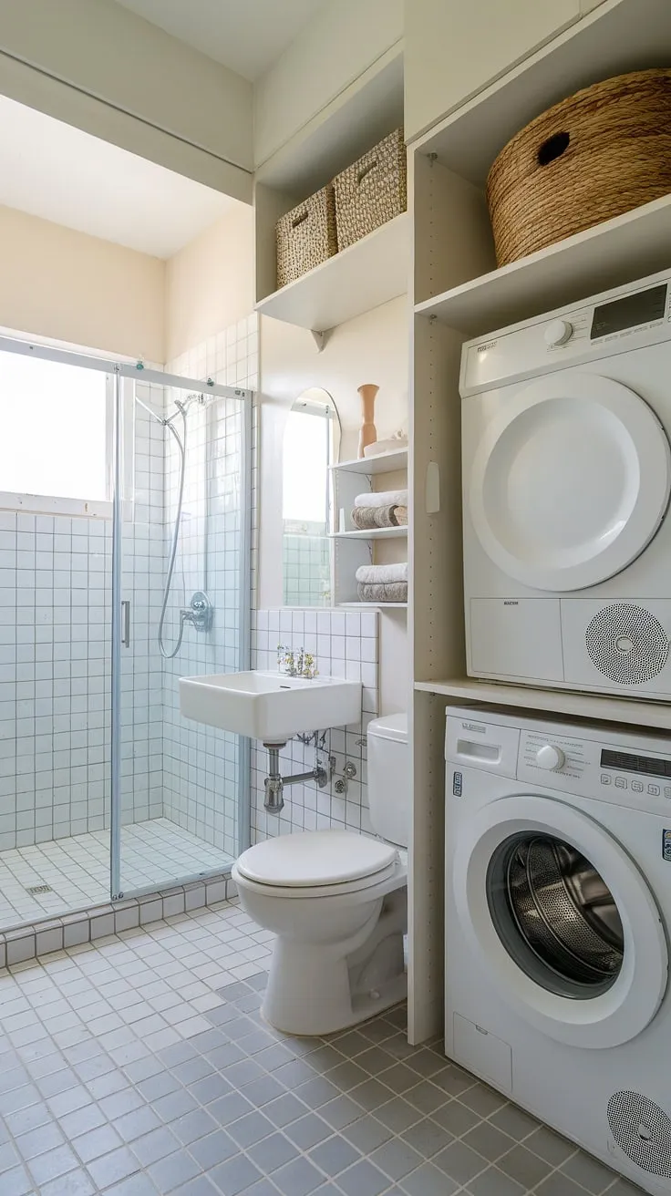 A laundry bathroom combo, this small laundry room boasts impressive organization. The utility bathroom features a shower, sink, and toilet, seamlessly integrated with the washer and dryer. A laundry room closet and shelf offer ample storage, making the most of this laundry room remodel. This space proves that even small laundry rooms can be stylish and functional with smart design.