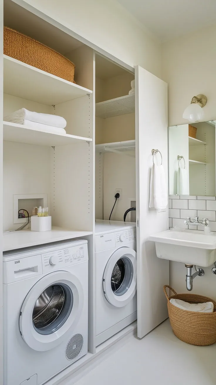 Maximize space and style with this efficient bathroom utility room combo. Clever storage solutions in the laundry room closet make even small laundry rooms feel organized.
