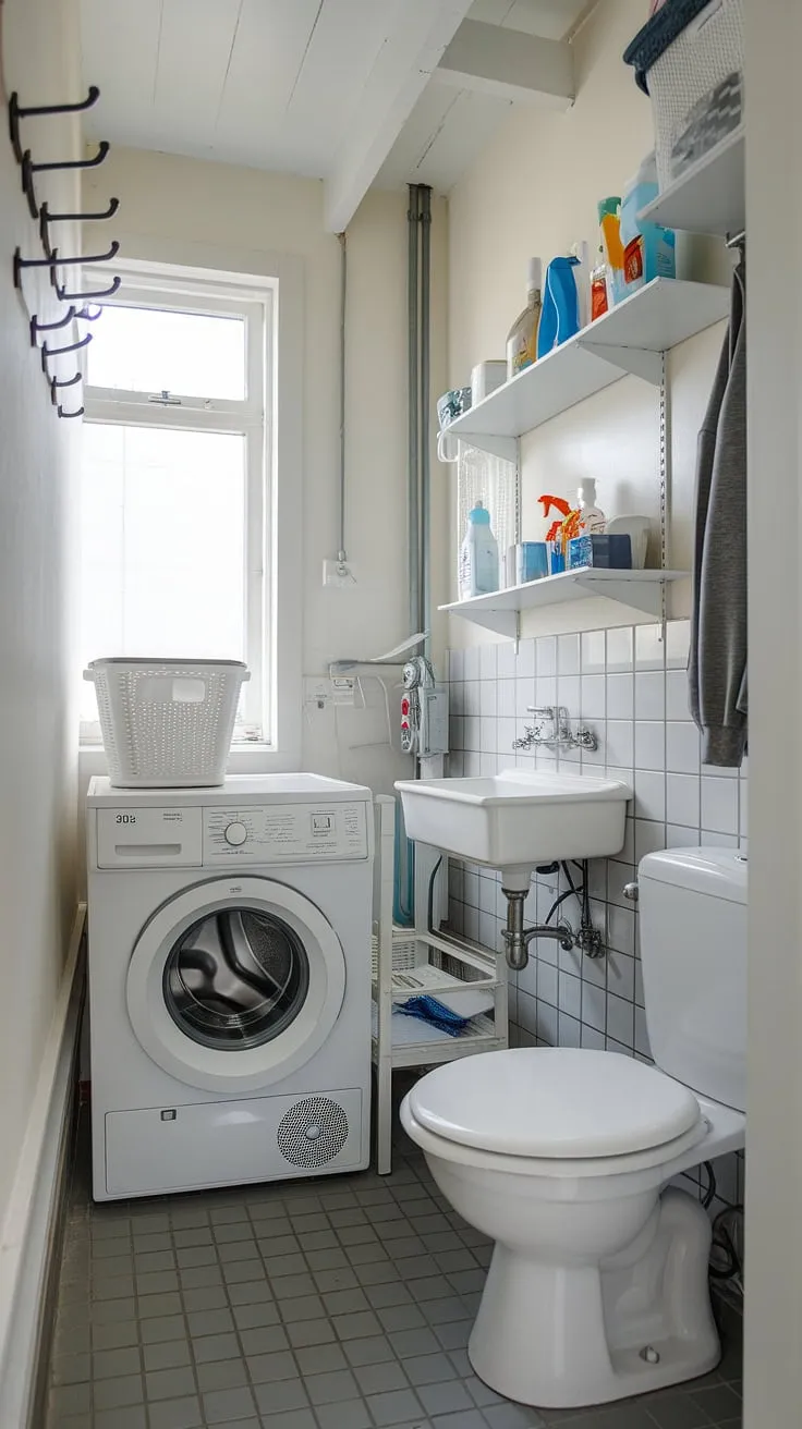 This efficient bathroom utility room combo maximizes space with a stacked washer and dryer, a compact sink, and toilet. Clever small laundry room organization, including a shelf for cleaning supplies and wall hooks, keeps everything tidy in this well-designed laundry room closet. A successful laundry room remodel showcases how even small laundry rooms can be functional and stylish.
