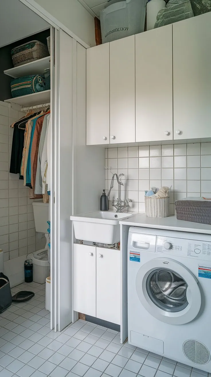 Maximize space and style with this efficient bathroom utility room combo. Small laundry room organization at its finest.