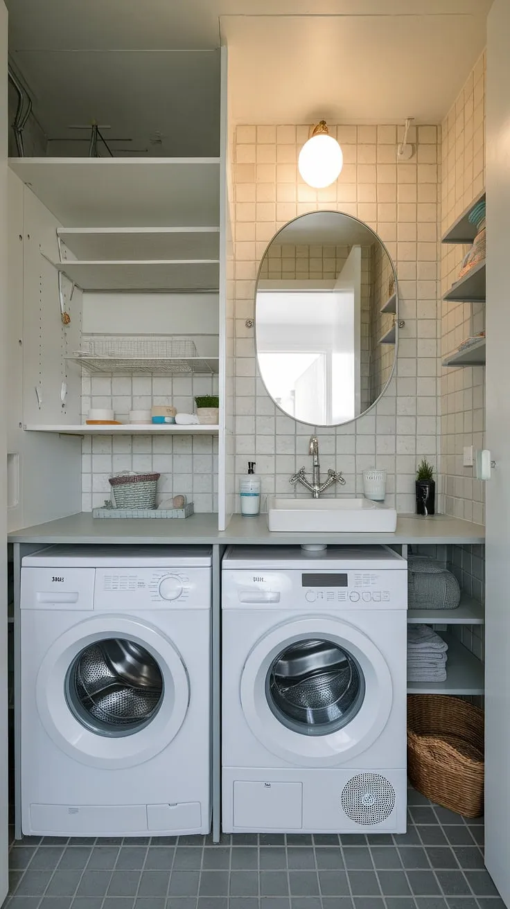 Maximize space and style with this efficient bathroom utility room combo. Small laundry room organization at its finest.