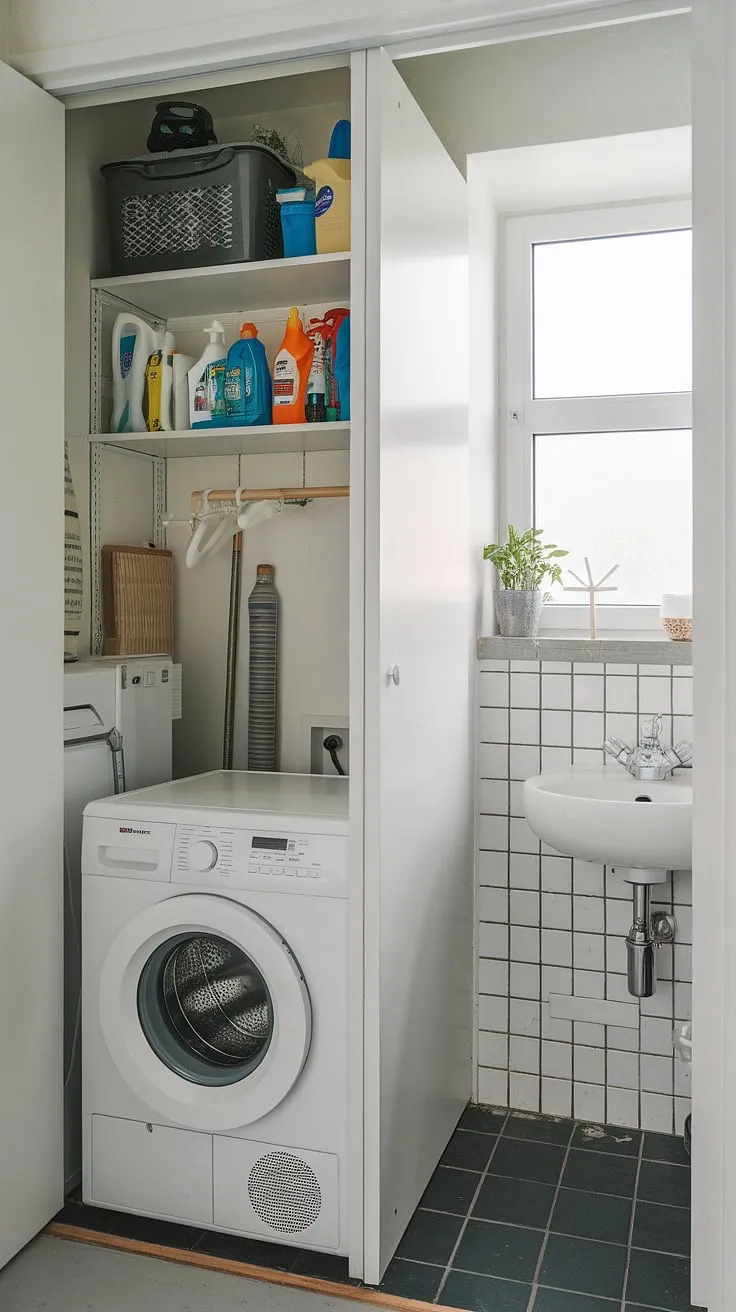 This cleverly designed bathroom utility room combo maximizes space with a stacked washer and dryer, a dedicated laundry room closet for cleaning supplies, and a small window for natural light. The tiled floor adds a practical and stylish touch to this efficient laundry room bathroom, showcasing smart small laundry room organization in a laundry room remodel.