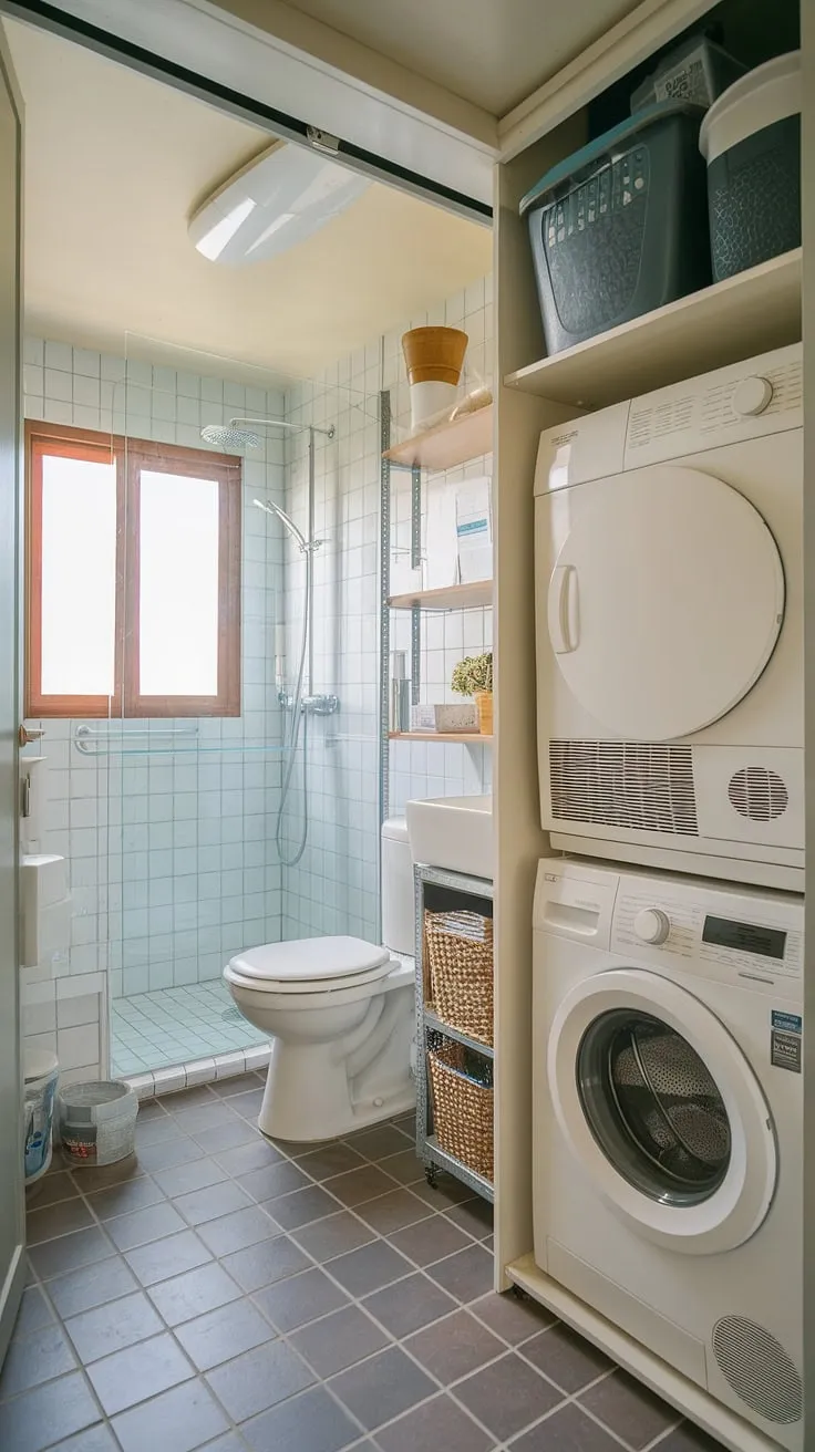 This laundry bathroom combo is the ultimate small laundry room solution. A thoughtful laundry room remodel resulted in this functional utility bathroom, showcasing smart storage and a surprisingly spacious feel despite its compact size.
