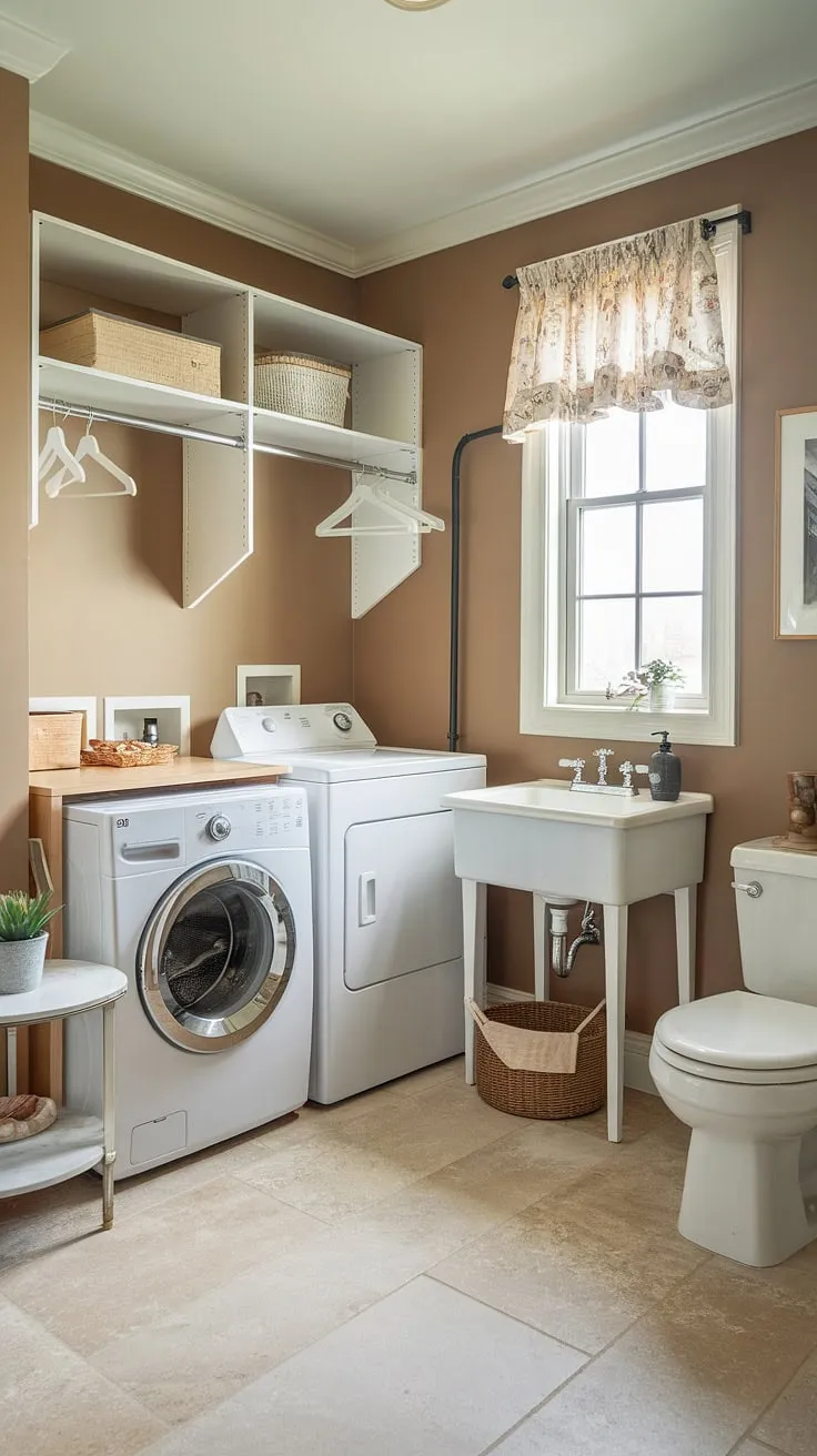 Maximize space and efficiency with this cleverly designed bathroom utility room combo. Small laundry room organization at its finest, showcasing a laundry room closet and practical laundry room remodel ideas.