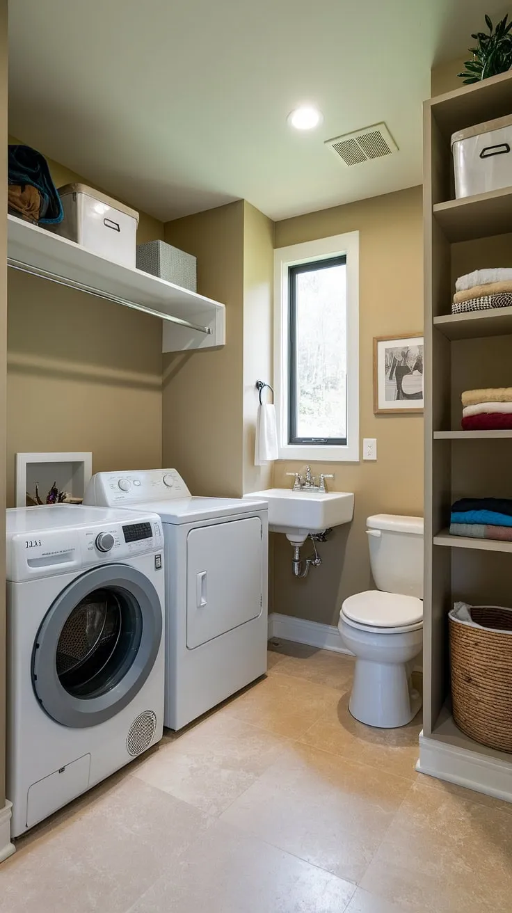 This well-organized small laundry room boasts a clever bathroom utility room combo, maximizing space with a washer, dryer, sink, and toilet. The beige tile floor and walls create a calming atmosphere, while the laundry room closet and additional shelving provide ample storage solutions. A successful laundry room remodel showcasing smart design for small laundry rooms.