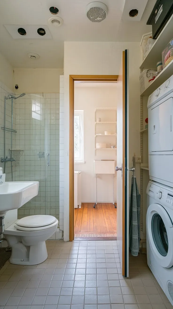 This laundry room bathroom boasts impressive small laundry room organization in a compact utility bathroom. A laundry room remodel dream, this laundry room closet and utility room combo proves that even small laundry rooms can be stylish and functional.