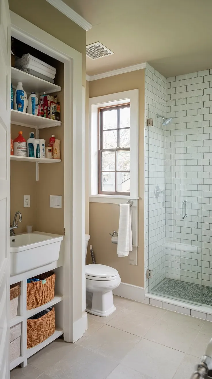 This beige-walled bathroom utility room combo cleverly maximizes space. A small laundry room, complete with a dedicated laundry room closet for organization, sits alongside a shower and toilet. The efficient design showcases smart small laundry room organization ideas, perfect for a laundry room remodel in a smaller home. The inclusion of a sink adds practicality to this laundry room bathroom.
