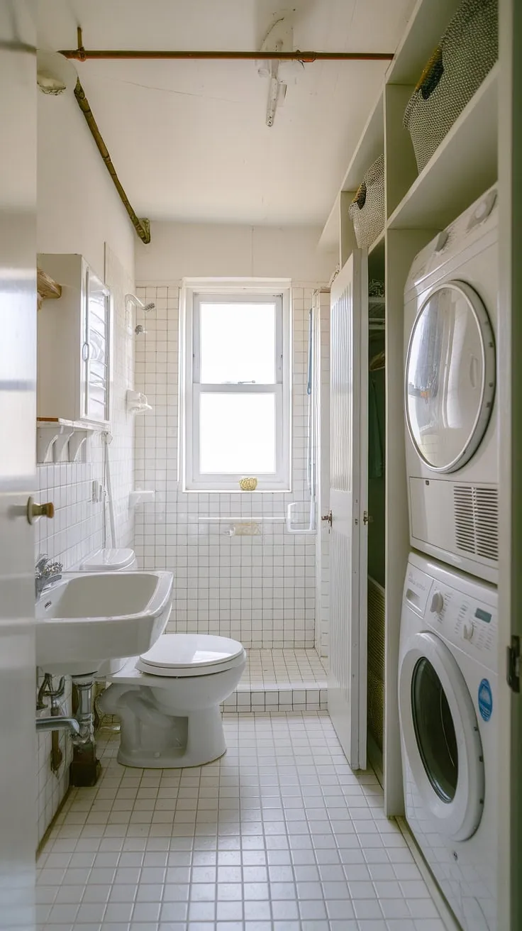 This compact bathroom utility room combo maximizes space with clever design. The small laundry room organization, featuring a laundry room closet, showcases how a laundry room remodel can transform a cramped laundry room bathroom into a functional and efficient space. The white color scheme brightens the small laundry rooms, while the window adds natural light. A sink, toilet, shower, washer, and dryer are all neatly integrated into this laundry bathroom combo, proving that even the smallest laundry room can be stylish and practical.